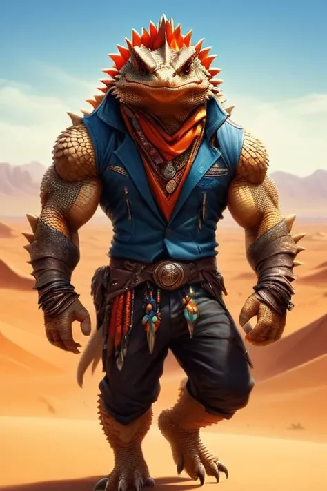 ultra-fine digital painting of a muscular  <lora:anthro_muscular:0.7> anthro Bearded dragon (Wearing sunglasses, radiating cool confidence) at Desert planet with nomadic tribes,  super detail, ultra-realism, <lora:xl_more_art-full_v1:0.3>,  <lora:madpunk:0.6>  madpunk