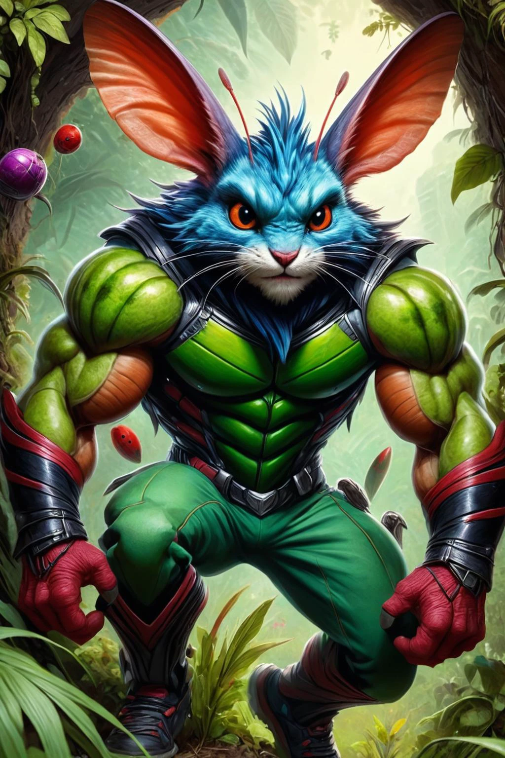 ultra-fine digital painting of a madpunk muscular <lora:anthro_muscular:0.7> anthro Cricket (Peeking through foliage, mysterious allure) at Hollow asteroid colony housing hidden society, super detail, ultra-realism, <lora:xl_more_art-full_v1:0.3>, <lora:madpunk:0.6> , <lora:EnvyFeverDreamXL01a:0.7>