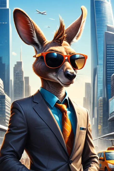 Detailed digital illustration of an anthro Kangaroo (Wearing sunglasses, radiating cool confidence) at a Megacity skyline with air traffic congestion, <lora:xl_more_art-full_v1:0.5>, <lora:anthro_muscular:0.7> , <lora:madpunk:0.4> madpunk