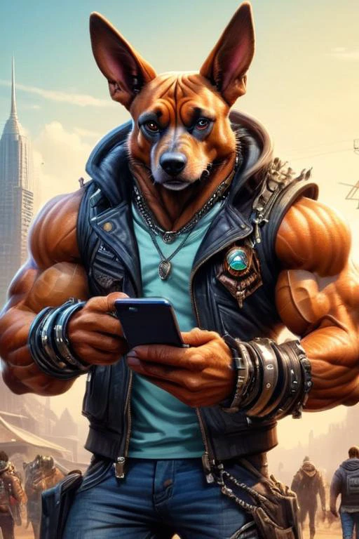 ultra-fine digital painting of a madpunk muscular <lora:anthro_muscular:0.7> anthro Dog (Checking phone, modern engagement) at Exoplanet society governed by hive mind, super detail, ultra-realism, <lora:xl_more_art-full_v1:0.3>, <lora:madpunk:0.6> , <lora:pastel_colors_xl_v3:0.7>