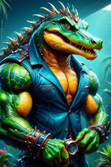 ultra-fine digital painting of a madpunk muscular  <lora:anthro_muscular:0.7> anthro Alligator (Looking at a watch, anticipation) at Quantum garden where reality bends,  super detail, ultra-realism, <lora:xl_more_art-full_v1:0.3>,  <lora:madpunk:0.6>  ,  <lora:Rainbow_Style:0.6>