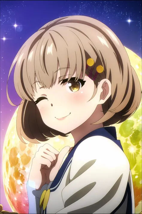 Stars and peace of mind in a deep and calm breath, dress, happy cute girl , Close-up view of face, fine eye details