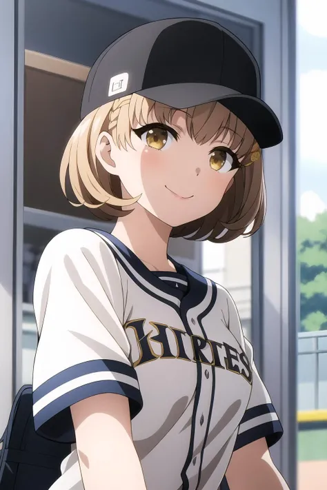 masterpiece, key visual, 1girl, bangs, yellow eyes, blonde hair, eyebrows visible through hair, hair ornament, hairclip, looking at viewer, short hair, smile, solo, kimie_kamata, wearing baseball hat, baseball jersey