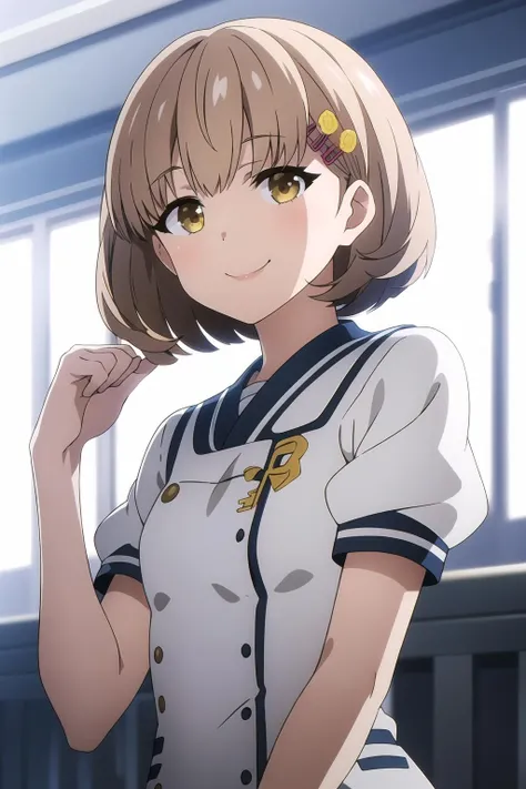 masterpiece, key visual, 1girl, bangs, yellow eyes, blonde hair, eyebrows visible through hair, hair ornament, hairclip, looking at viewer, short hair, smile, solo, kimie_kamata, Pretending to fly like a bird