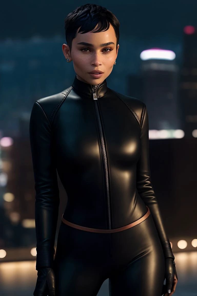 a photo of Z0eKrav1tz, a woman, RAW, ((close portrait photo)), (black tight leather full suit), catwoman cosplay, ((short haircut)), black hair, slim body, (high detailed skin:1.2), 8k uhd, dslr, dark lighting, high quality, film grain, Fujifilm XT3 sharp focus, f 5.6, skyscrapers background, night, stands on the roof <lora:LowRa:0.7>