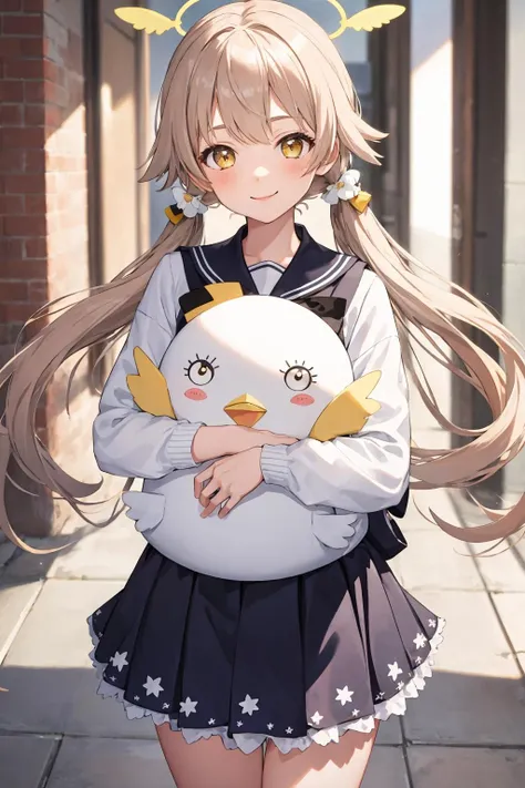 masterpiece, best quality, 1 girl, <lora:hifumi1:1> , hifumidef, holding peroro doll with hands, smiling