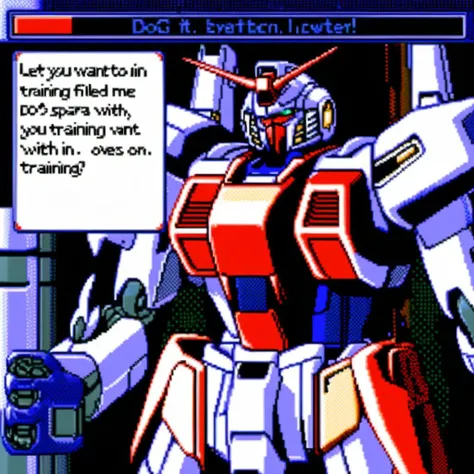 Envision a classic, pixelated dating simulation game interface. Front and center is a dominant GUI dialogue box with clean, sharp edges, containing the text: 'Do you want to spar with me in the training field?'. Below the text are two clickable options: 'Let's do it!' on the left, and 'Maybe later.' on the right. Above the dialogue box, filling the upper part of the screen, is a close-up scene of a Gundam's torso and head. The Gundam has intricate design details, with its armor plates, eyes glowing, and an emblem on its chest. The style should be reminiscent of early dating simulation games, yet incorporating this iconic mecha feel, <lora:srdxl_v06bx:0.6> SRS, RRS, MRS, FRS, RARS