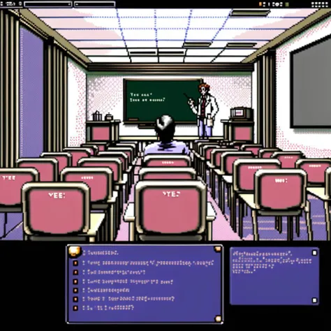 Visualize a 32-bit game screen reminiscent of classic dating simulators. The primary feature is a clear and intuitive GUI interface at the bottom of the screen, consisting of a dialogue box that reads: 'Professor: Do you understand the concept?'. Below the text are two selectable options: 'Yes, I get it!' on the left, and 'Could you explain again?' on the right. Rising above this dialogue interface, the scene unveils a university lecture hall. An animated professor stands at a podium, gesturing towards a chalkboard filled with notes. Rows of desks with various students taking notes or listening intently fill the room. The colors are vibrant but with that distinct 32-bit pixelated charm