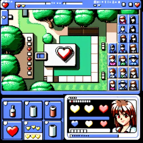 Visualize a 32-bit dating simulation game interface. The primary focus is on the user interface elements. On the left side of the screen is an item bar, displaying pixelated icons of various items like a letter, a gift box, and a bouquet. On the right, there are several small character icons, each representing different female characters. Next to each character icon, there are heart logos: some are filled (solid) indicating good relationship status, while others are empty (hollow) showing room for improvement in the relationship. The interface should be sharp, clear, and vibrant, capturing the essence of early dating simulation games. As for the background, it's a simple, pixelated schoolyard setting with trees and a bench, setting a calm and serene atmosphere for the game