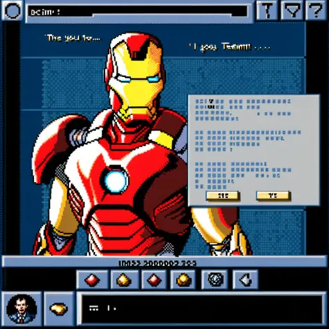 Visualize a classic, pixelated dating simulation game interface. Front and center is a prominent GUI dialogue box with clean, sharp edges, containing the text: 'Do you want to team up for the mission?'. Below the text are two clickable options: 'Let's do this!' on the left, and 'I'll pass.' on the right. Above the dialogue box, filling the top part of the screen, is an upper-body representation of Iron Man, detailed enough to capture the essence of the suit with its iconic red and gold color scheme. The style should be reminiscent of early dating simulation games but with a fun superhero twist