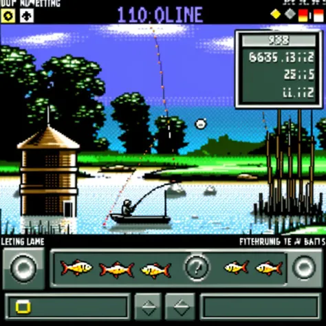 Visualize a 32-bit game interface focused on a fishing mini-game. The screen's forefront showcases a clean, user-friendly UI. To the left is a numerical counter indicating the number of fish caught, rendered in pixelated numbers. Adjacent to it, on the right, is a stamina bar, vertically oriented, which decreases with each fishing action. Below these elements, a series of small, pixelated icons represent different bait types, each with its corresponding number indicating quantity. Centered at the bottom is a clear action button labeled 'Cast Line.' Once we move past the UI elements, the background unfurls: a serene pixelated lakeside scene, with gentle ripples in the water and a few reeds swaying in the breeze. No characters or large figures occupy the background, ensuring the UI remains the central focus.
