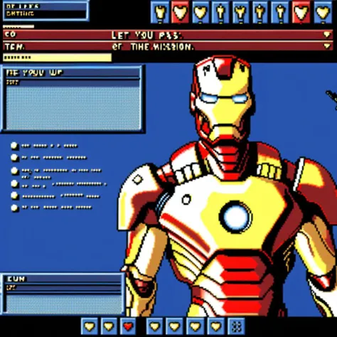 Visualize a classic, pixelated dating simulation game interface. Front and center is a prominent GUI dialogue box with clean, sharp edges, containing the text: 'Do you want to team up for the mission?'. Below the text are two clickable options: 'Let's do this!' on the left, and 'I'll pass.' on the right. Above the dialogue box, filling the top part of the screen, is an upper-body representation of Iron Man, detailed enough to capture the essence of the suit with its iconic red and gold color scheme. The style should be reminiscent of early dating simulation games but with a fun superhero twist