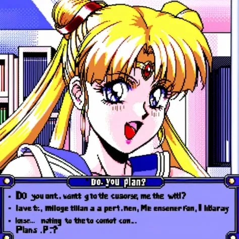 Imagine a classic, pixelated dating simulation game interface. Front and center is a prominent GUI dialogue box with clean, sharp edges, containing the text: 'Do you want to go to the library with me?'. Below the text are two clickable options: 'Of course!' on the left, and 'I have other plans.' on the right. Above the dialogue box, prominently displayed, is a close-up of Sailor Moon from "ç¾å°å¥³æ°å£«" (Sailor Moon). Only her upper body is visible, showing her iconic sailor suit and her signature tiara. Her large expressive eyes gaze forward, awaiting a response. The background behind her is a simple gradient, ensuring she stands out clearly