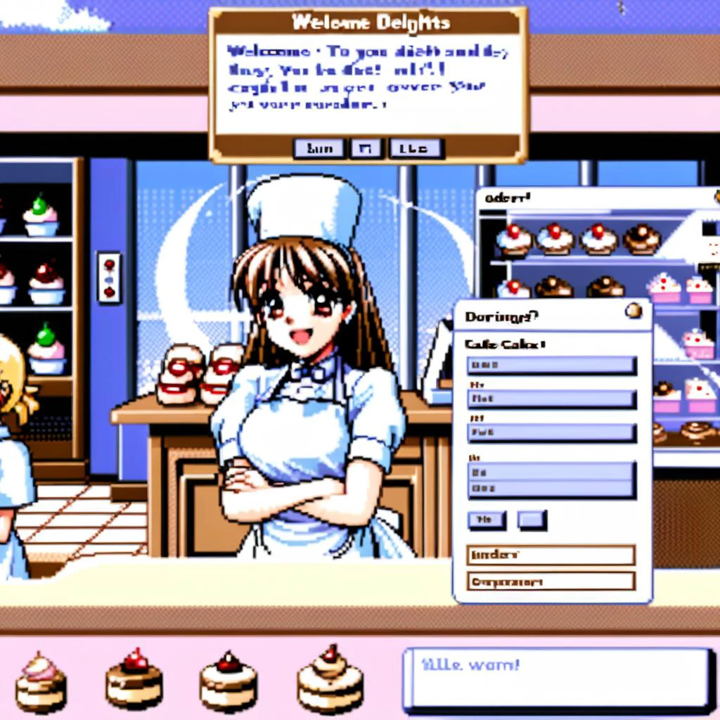 Envision a 32-bit dating simulation game interface typical of retro gaming. In the foreground, a prominent, clear GUI dialogue box occupies the bottom third of the screen. Within this box is the text: 'Welcome to Sweet Delights! How may I assist you today?'. Below this text are three clickable options: 'Order a cake.', 'Ask for recommendations.', and 'Chat about the weather.'. Above the dialogue box, you see a charming cake shop interior rendered in pixelated detail. Wooden shelves on the sides display a variety of cakes and pastries. In the center stands a cute female maid with big eyes and a frilly apron, ready to take your order. The ambiance is warm, inviting, and subtly lit, creating a cozy atmosphere