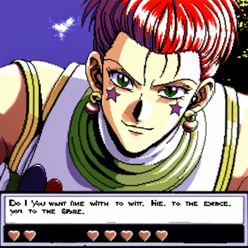 Imagine a classic, pixelated dating simulation game interface. Front and center is a prominent GUI dialogue box with clean, sharp edges, containing the text: 'Do you want to spar with me?'. Below the text are two clickable options: 'Of course!' on the left, and 'Another time.' on the right. Above the dialogue box, filling the top half of the screen, is an up-close, upper body shot of Hisoka from "Hunter x Hunter". He's portrayed with his signature smirk and intense gaze, capturing the essence of his character ,<lora:Hisoka_Morow:0.7>