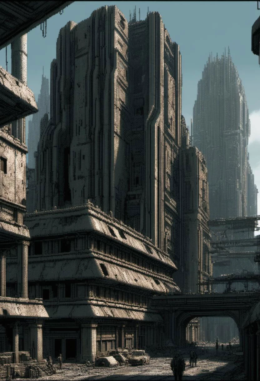 Futuristic cyberpunk ancient royal City, giant buildings, postapocalyptic, very detailed, hd