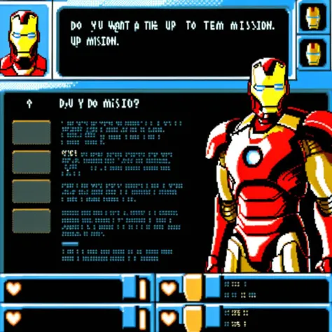 Visualize a classic, pixelated dating simulation game interface. Front and center is a prominent GUI dialogue box with clean, sharp edges, containing the text: 'Do you want to team up for the mission?'. Below the text are two clickable options: 'Let's do this!' on the left, and 'I'll pass.' on the right. Above the dialogue box, filling the top part of the screen, is an upper-body representation of Iron Man, detailed enough to capture the essence of the suit with its iconic red and gold color scheme. The style should be reminiscent of early dating simulation games but with a fun superhero twist