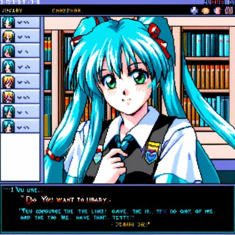 Visualize a classic, pixelated dating simulation game interface. Front and center is a prominent GUI dialogue box with clean, sharp edges, containing the text: 'Do you want to go to the library with me?'. Below the text are two clickable options: 'Of course!' on the left, and 'I have other plans.' on the right. Above the dialogue box, imagine the upper half of Hatsune Miku in her iconic teal twin-tails and school uniform. She is depicted in a simplistic, pixelated style, reminiscent of early dating simulation games, but her features should be recognizable as Hatsune Miku