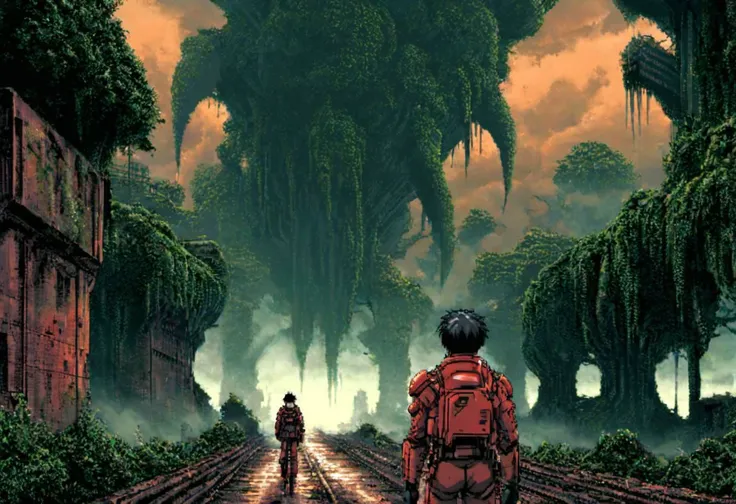 CloseUp, Rearview, Kaneda from Akira, Walking along a dystopian rainforest Road, rusty giant cgmech opens a watery cloud of moist fog, cloudy, bright, high contrast, overgrown ancient royal City, postapocalyptic, very detailed, hd