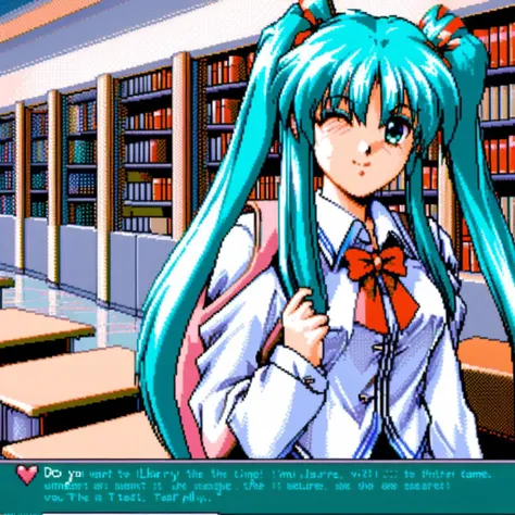 Visualize a classic, pixelated dating simulation game interface. Front and center is a prominent GUI dialogue box with clean, sharp edges, containing the text: 'Do you want to go to the library with me?'. Below the text are two clickable options: 'Of course!' on the left, and 'I have other plans.' on the right. Above the dialogue box, imagine the upper half of Hatsune Miku in her iconic teal twin-tails and school uniform. She is depicted in a simplistic, pixelated style, reminiscent of early dating simulation games, but her features should be recognizable as Hatsune Miku