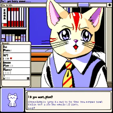 Visualize a pixelated dating simulation game interface. At the forefront is a distinct GUI dialogue box with crisp edges, displaying the text: 'Do you want to go to the library with me?'. Beneath the text, there are two clickable choices: 'Of course!' on the left, and 'I have other plans.' on the right. Rising above the dialogue box, filling a large portion of the screen, is a close-up of the main characterâa cute cat with expressive eyes and short fur. This cat character is shown from the chest up, with a school tie, suggesting it's in a school environment. The background has a hint of a simple school hallway. The whole scene should give off a nostalgic, retro vibe