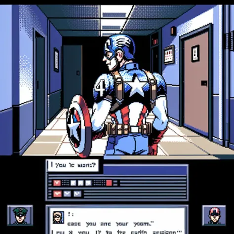 Picture a classic, pixelated dating simulation game interface. In the center is a close-up, upper-body view of Captain America, styled in a retro pixel art form. His facial expression is calm and confident. Above him, slightly faded in the background, is a simplistic school hallway. Front and center below the Captain is a prominent GUI dialogue box with clean, sharp edges. It contains the text: 'Do you want to go on a mission with me?'. Below the text are two clickable options: 'Of course!' on the left, and 'I have other plans.' on the right