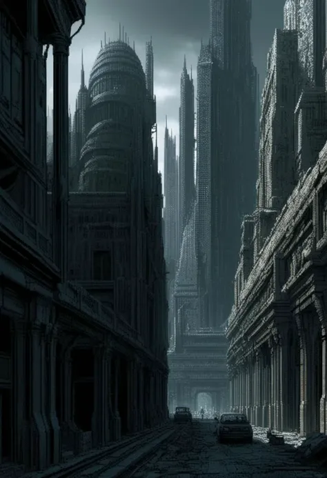 Futuristic cyberpunk ancient royal City, giant buildings, postapocalyptic, very detailed, hd