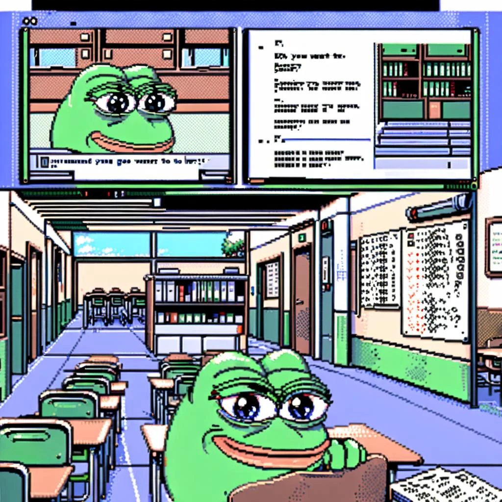 Imagine a classic, pixelated dating simulation game interface. Front and center is a prominent GUI dialogue box with clean, sharp edges, containing the text: 'Do you want to go to the library with me?'. Below the text are two clickable options: 'Of course!' on the left, and 'I have other plans.' on the right. Above the dialogue box, filling the top half of the screen, is an upper body shot of Pepe the Frog, rendered in a nostalgic retro style. Pepe's expression is friendly and inviting, and he stands against a simple background of a school hallway with a few classroom doors and lockers, <lora:pepe-v2:0.85>, pepe