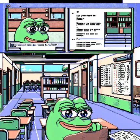 Imagine a classic, pixelated dating simulation game interface. Front and center is a prominent GUI dialogue box with clean, sharp edges, containing the text: 'Do you want to go to the library with me?'. Below the text are two clickable options: 'Of course!' on the left, and 'I have other plans.' on the right. Above the dialogue box, filling the top half of the screen, is an upper body shot of Pepe the Frog, rendered in a nostalgic retro style. Pepe's expression is friendly and inviting, and he stands against a simple background of a school hallway with a few classroom doors and lockers, <lora:pepe-v2:0.85>, pepe