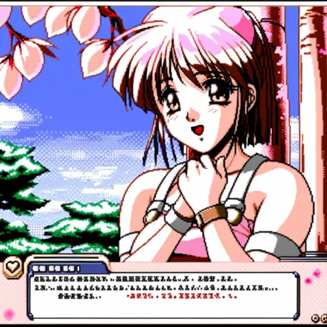 Visualize a 32-bit game interface reminiscent of classic dating simulation games. At the bottom forefront is a distinct GUI dialogue box with neat, pixelated edges, displaying the text: 'She waits for your response...'. Above this dialogue box, occupying the main scene, is a female character standing under a blooming sakura tree. The pink petals gently fall around her. She has her eyes closed and lips puckered in a clear pouting expression, as if expecting a kiss. The ambiance is romantic, and the lighting subtly highlights her face, hinting at the significant moment