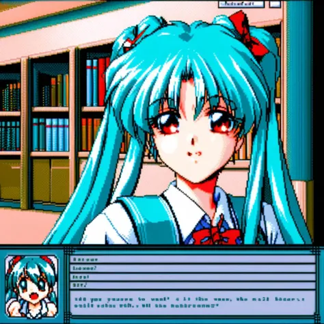Visualize a classic, pixelated dating simulation game interface. Front and center is a prominent GUI dialogue box with clean, sharp edges, containing the text: 'Do you want to go to the library with me?'. Below the text are two clickable options: 'Of course!' on the left, and 'I have other plans.' on the right. Above the dialogue box, imagine the upper half of Hatsune Miku in her iconic teal twin-tails and school uniform. She is depicted in a simplistic, pixelated style, reminiscent of early dating simulation games, but her features should be recognizable as Hatsune Miku