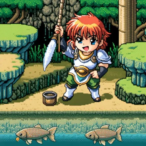 chibi style, pixel art, rpg maker, rpg top down. cena de ao, pescador tirando o peixe da gua enquanto raios divinos brilham travs de um splash de gua traslucido causando um efeito espetacular durante o salto do peixe, cena espetacular, foco prximo, isomtrico, diorama, cena dinmica, detalhado, ganhador de prmio no deviantart e CGtrade, 256 colors