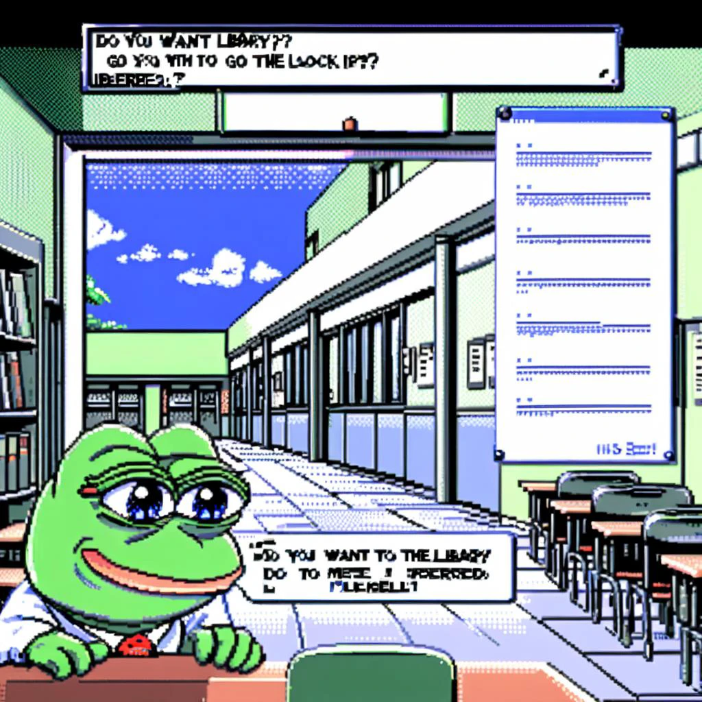 Imagine a classic, pixelated dating simulation game interface. Front and center is a prominent GUI dialogue box with clean, sharp edges, containing the text: 'Do you want to go to the library with me?'. Below the text are two clickable options: 'Of course!' on the left, and 'I have other plans.' on the right. Above the dialogue box, filling the top half of the screen, is an upper body shot of Pepe the Frog, rendered in a nostalgic retro style. Pepe's expression is friendly and inviting, and he stands against a simple background of a school hallway with a few classroom doors and lockers, <lora:pepe-v2:0.85>, pepe