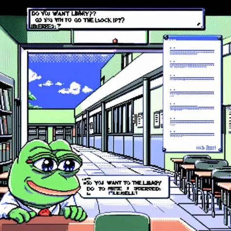 Imagine a classic, pixelated dating simulation game interface. Front and center is a prominent GUI dialogue box with clean, sharp edges, containing the text: 'Do you want to go to the library with me?'. Below the text are two clickable options: 'Of course!' on the left, and 'I have other plans.' on the right. Above the dialogue box, filling the top half of the screen, is an upper body shot of Pepe the Frog, rendered in a nostalgic retro style. Pepe's expression is friendly and inviting, and he stands against a simple background of a school hallway with a few classroom doors and lockers, <lora:pepe-v2:0.85>, pepe