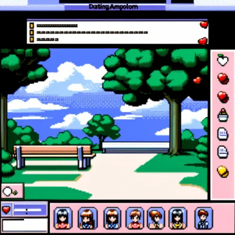 Visualize a 32-bit dating simulation game interface. The primary focus is on the user interface elements. On the left side of the screen is an item bar, displaying pixelated icons of various items like a letter, a gift box, and a bouquet. On the right, there are several small character icons, each representing different female characters. Next to each character icon, there are heart logos: some are filled (solid) indicating good relationship status, while others are empty (hollow) showing room for improvement in the relationship. The interface should be sharp, clear, and vibrant, capturing the essence of early dating simulation games. As for the background, it's a simple, pixelated schoolyard setting with trees and a bench, setting a calm and serene atmosphere for the game