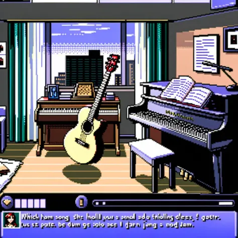 Picture a 32-bit video game screen focusing on a typical dating simulation game interface. In the foreground, there's a clear GUI dialogue box with neat pixelated edges, containing the text: 'Which song should we practice together?'. Below this text, there are three clickable options: 'Guitar solo', 'Piano duet', and 'Drum jam'. Just above this dialogue box, there's a character's dialogue tag indicating 'Alex'. Moving beyond the interface, the backdrop showcases a cozy bedroom setting. The room is adorned with various musical instruments: a guitar leaning against a chair, a grand piano in the corner, and a drum set by the window. There's also a wooden desk laden with books, a lamp, and scattered papers. The room exudes a warm, inviting atmosphere, suggesting it's the living space of a passionate music lover