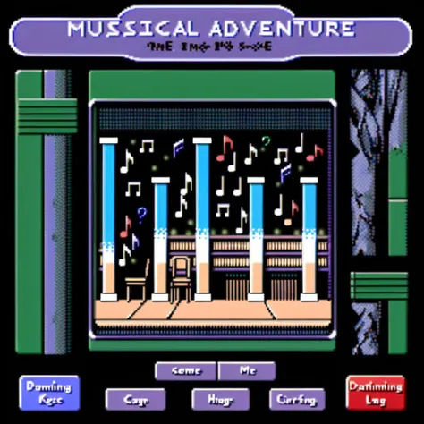 Visualize a 32-bit game start screen reminiscent of early video games. Dominating the center of the screen is the title in English: 'Musical Adventure'. Below the title, flashing intermittently, is the instruction in English: 'Press Any Key'. Sprinkled around the screen are small visual effects of musical notes and snippets of musical staves, giving the interface a musical theme. As for the background, picture a quaint classroom setting, perhaps with wooden desks, a chalkboard, and some plants. The room gives off a feeling of nostalgia and blends harmoniously with the musical elements