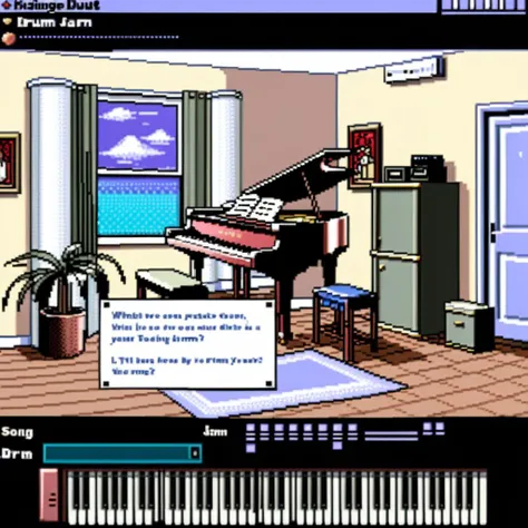Picture a 32-bit video game screen focusing on a typical dating simulation game interface. In the foreground, there's a clear GUI dialogue box with neat pixelated edges, containing the text: 'Which song should we practice together?'. Below this text, there are three clickable options: 'Guitar solo', 'Piano duet', and 'Drum jam'. Just above this dialogue box, there's a character's dialogue tag indicating 'Alex'. Moving beyond the interface, the backdrop showcases a cozy bedroom setting. The room is adorned with various musical instruments: a guitar leaning against a chair, a grand piano in the corner, and a drum set by the window. There's also a wooden desk laden with books, a lamp, and scattered papers. The room exudes a warm, inviting atmosphere, suggesting it's the living space of a passionate music lover