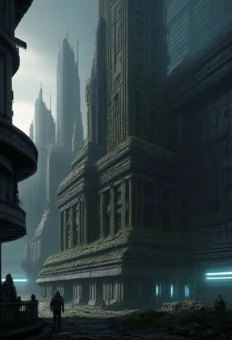 Futuristic cyberpunk ancient royal City, giant buildings, postapocalyptic, very detailed, hd