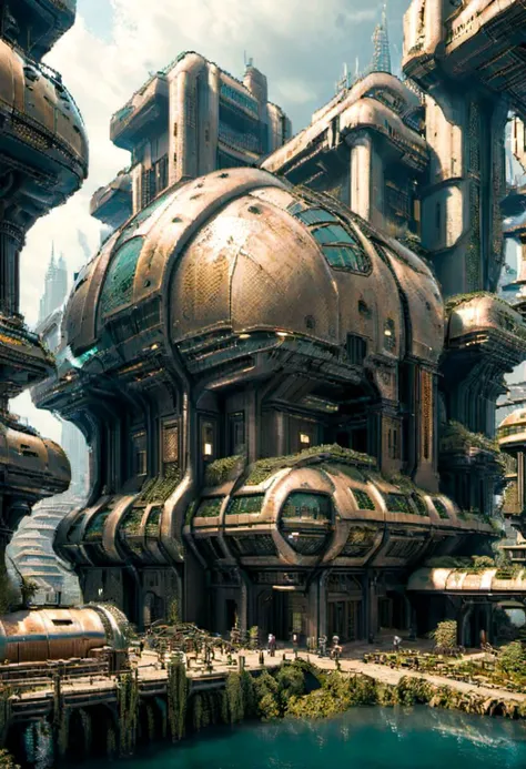 Futuristic cyberpunk ancient royal City, giant buildings, postapocalyptic, very detailed, hd