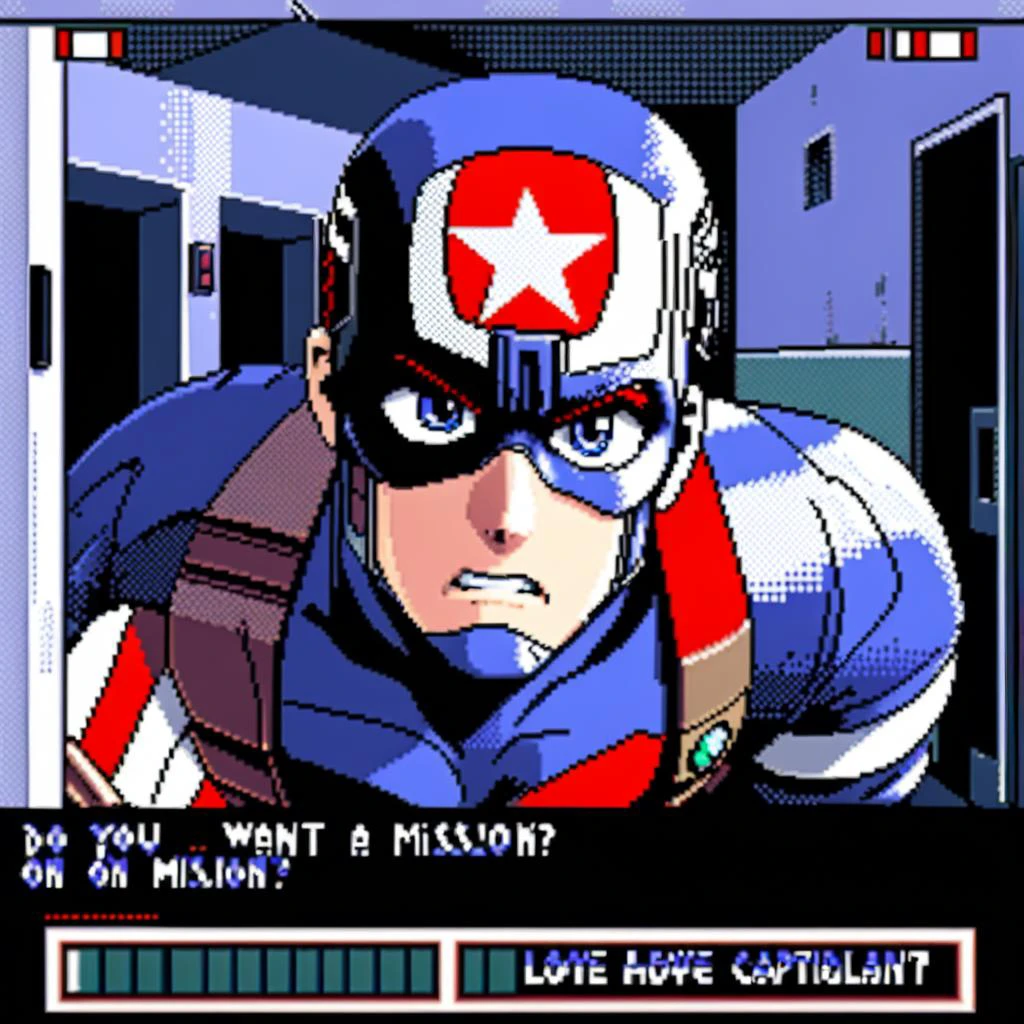 Picture a classic, pixelated dating simulation game interface. In the center is a close-up, upper-body view of Captain America, styled in a retro pixel art form. His facial expression is calm and confident. Above him, slightly faded in the background, is a simplistic school hallway. Front and center below the Captain is a prominent GUI dialogue box with clean, sharp edges. It contains the text: 'Do you want to go on a mission with me?'. Below the text are two clickable options: 'Of course!' on the left, and 'I have other plans.' on the right