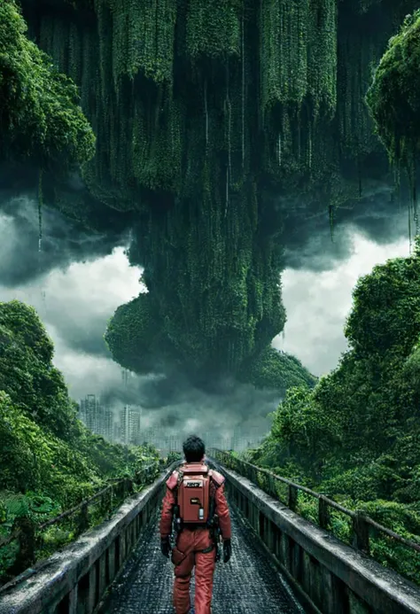 CloseUp, Rearview, Kaneda from Akira, Walking along a dystopian rainforest Road, giant black Overgrown cgmech opens a watery cloud of moist fog, cloudy, bright, high contrast, overgrown ancient royal City, postapocalyptic, very detailed, hd