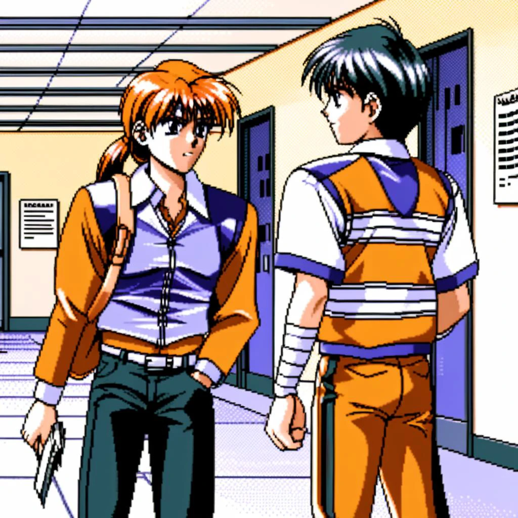 In a 32-bit game screen designed like a classic dating simulation interface, the forefront prominently features a GUI dialogue box with crisp, defined edges. Inside the box reads the text: 'Which way should I go?'. Below the text, two clickable options appear: 'Approach the muscle-bound student' on the left and 'Talk to the sports jacket student' on the right. Above this dialogue box, the backdrop sets in a school hallway during dusk, casting a warm orange-yellow hue over everything. Two characters are present: one, a stereotypical muscular 'bad boy' student with a menacing look; and the other, a student in a sporty jacket, possibly from the athletics department. Both characters are positioned as if awaiting the player's decision.