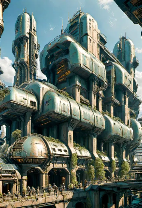 Futuristic cyberpunk ancient royal City, giant buildings, postapocalyptic, very detailed, hd