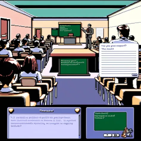 Visualize a 32-bit game screen reminiscent of classic dating simulators. The primary feature is a clear and intuitive GUI interface at the bottom of the screen, consisting of a dialogue box that reads: 'Professor: Do you understand the concept?'. Below the text are two selectable options: 'Yes, I get it!' on the left, and 'Could you explain again?' on the right. Rising above this dialogue interface, the scene unveils a university lecture hall. An animated professor stands at a podium, gesturing towards a chalkboard filled with notes. Rows of desks with various students taking notes or listening intently fill the room. The colors are vibrant but with that distinct 32-bit pixelated charm