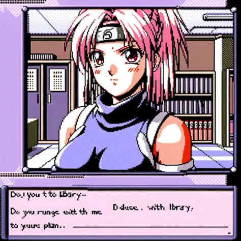 Imagine a classic, pixelated dating simulation game interface. Front and center is a prominent GUI dialogue box with clean, sharp edges, containing the text: 'Do you want to go to the library with me?'. Below the text are two clickable options: 'Of course!' on the left, and 'I have other plans.' on the right. Above the dialogue box, filling the top half of the screen, is a portrayal of Sakura Haruno from Naruto. She is depicted in a retro pixel art style, with only her upper body visible. Her iconic pink hair and forehead protector should be noticeable. The backdrop should be a simple school hallway setting.