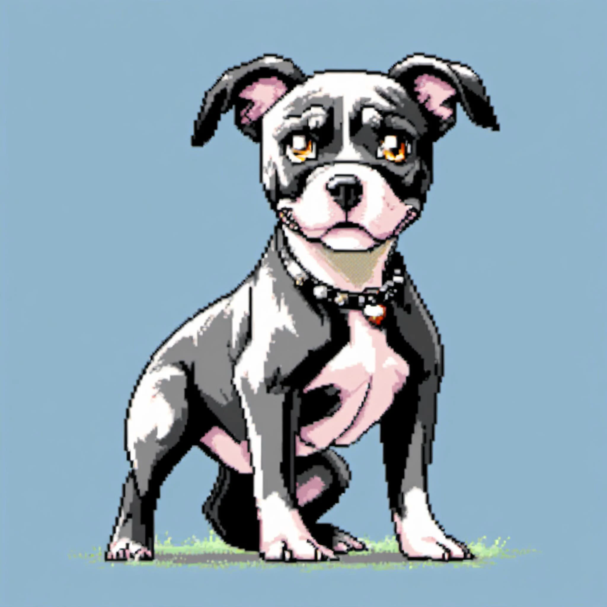 simple pixel art,low res,8 bit,a black and white pit bull, simple background,full body,pixelated