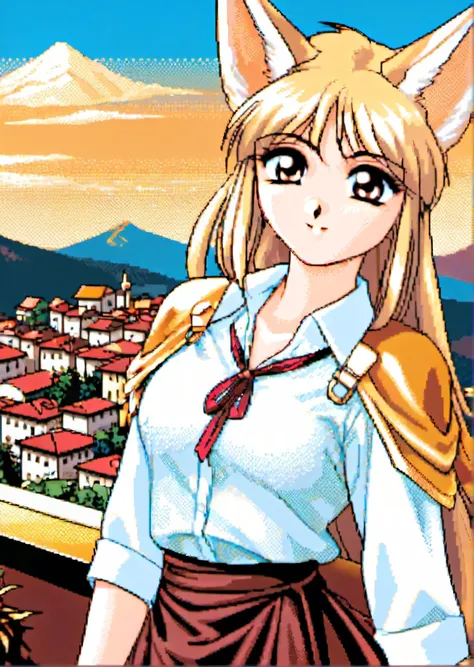 a beautiful girl with fennec ears wearing a white lace shirt and a fashionable dark brown skirt, golden ratio eye catching expression, top of a mountain, overlooking a grand and marvelous city, emotional, constastic colors
