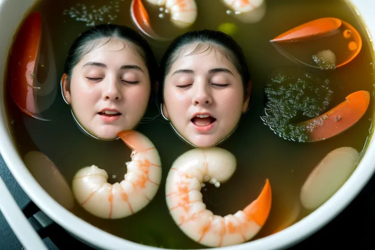 (best friends, womans) ((inside boiled in the seafood vegetable soup)), screaming, shocked in dirty, horror in the eyes, wet bathing suits,inside home of the old witch. intricately detailed, Photo for a food magazine. An award-winning photograph. Promotional photo. Sony Alfa 7 uhd technology, realistic and detailed, nice looking, natural skin texture, healthy skin