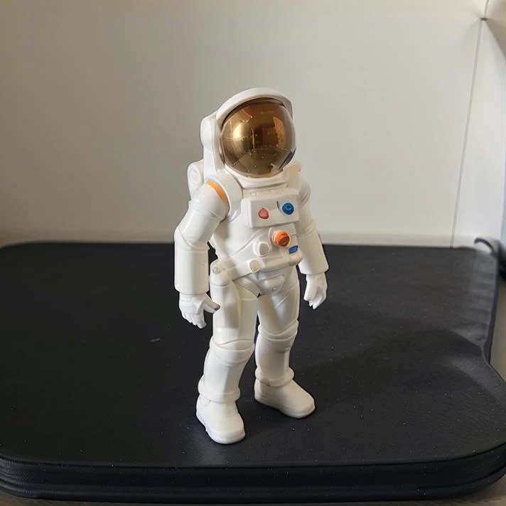 <lora:3DPrinted-000001:.9>3D Printed, white PLA <lora:morphyrichards_home_appliances:0.6> morphyrichards, white, concept ,futuristc{masterpiece},{best quality} posable, articulated, full body, minimalist articulated toy astronaut, plastic astronaut toy, 3d printed style, minimalist 3D product render, looking at the camera, orange grey and white colors, matte plastic, dark background, more detail, toy astronaut